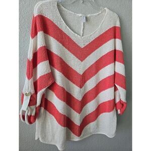 Chico’s Women’s Chevron Sweater Size 3/XL Button Sleeve 3/4 Beachy Summer Airy